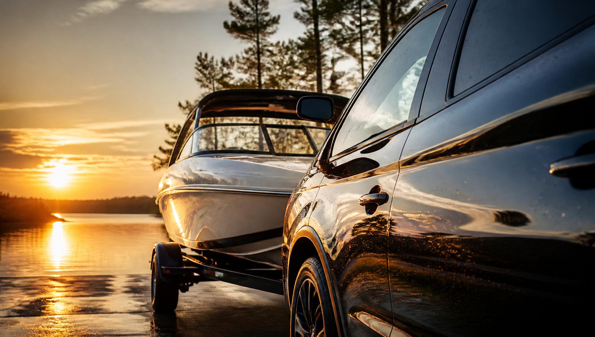 A polished boat and SUV at sunset by the Rideau Valley water